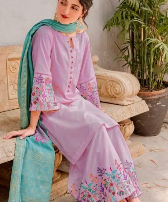 Dhanak 3pc Embroidered Dress with Printed Wool Shawl