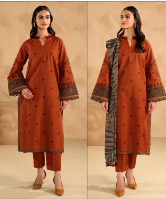 Dhanak 3PC Fancy Dress with Printed Soft Wool Shawl