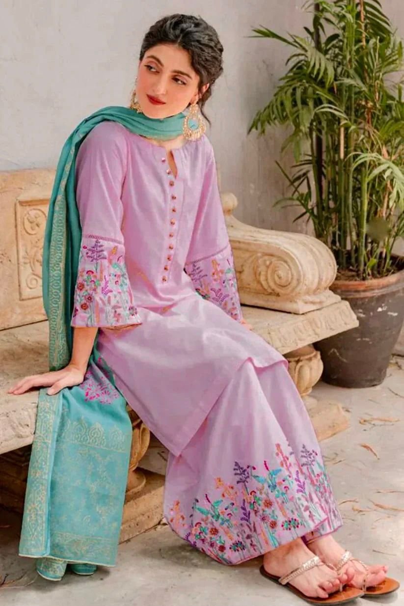 Dhanak 3pc Embroidered Dress with Printed Wool Shawl