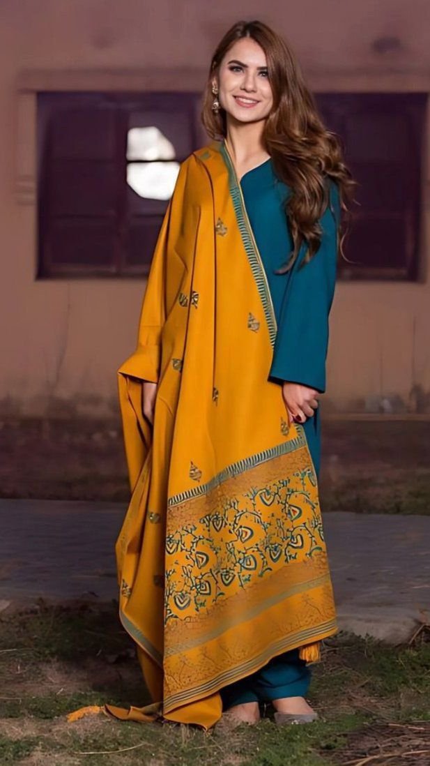 ASLING 3PC Dhanak Suit with Printed Soft Wool Shawl