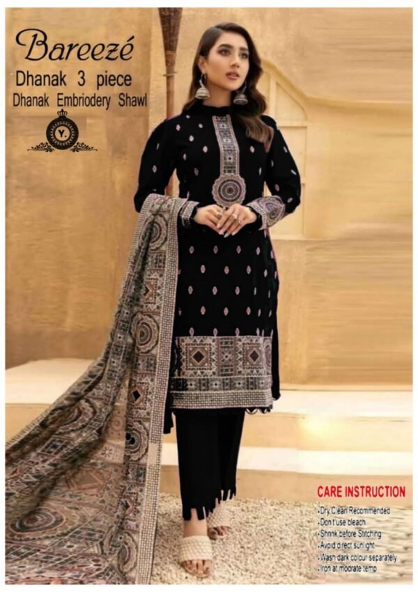 Bareeze's 3PC Dhanak suit features intricate embroidery on the front, sleeves, and shawl, paired with a plain back and trouser. Includes a daman embroidered patch for added elegance, perfect for winter festivities.