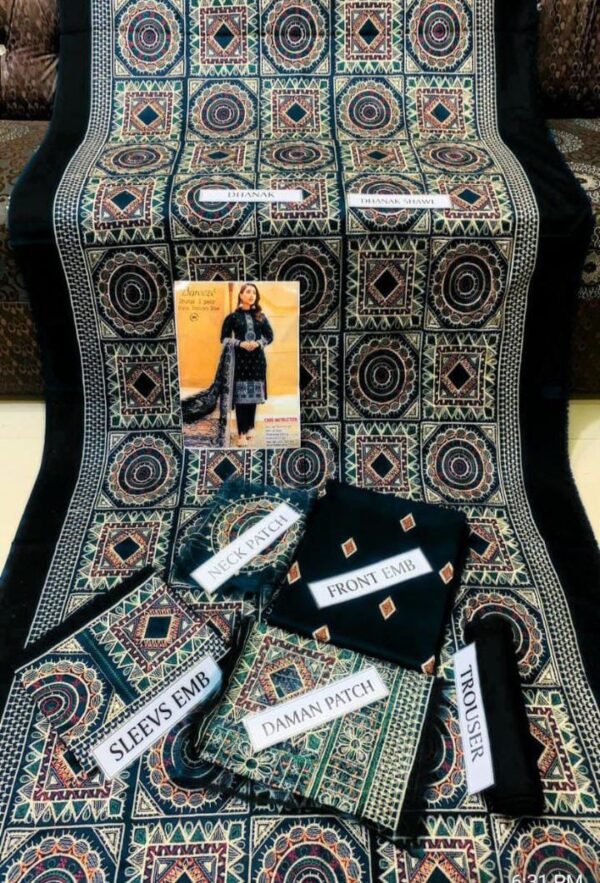 Bareeze's 3PC Dhanak suit features intricate embroidery on the front, sleeves, and shawl, paired with a plain back and trouser. Includes a daman embroidered patch for added elegance, perfect for winter festivities.