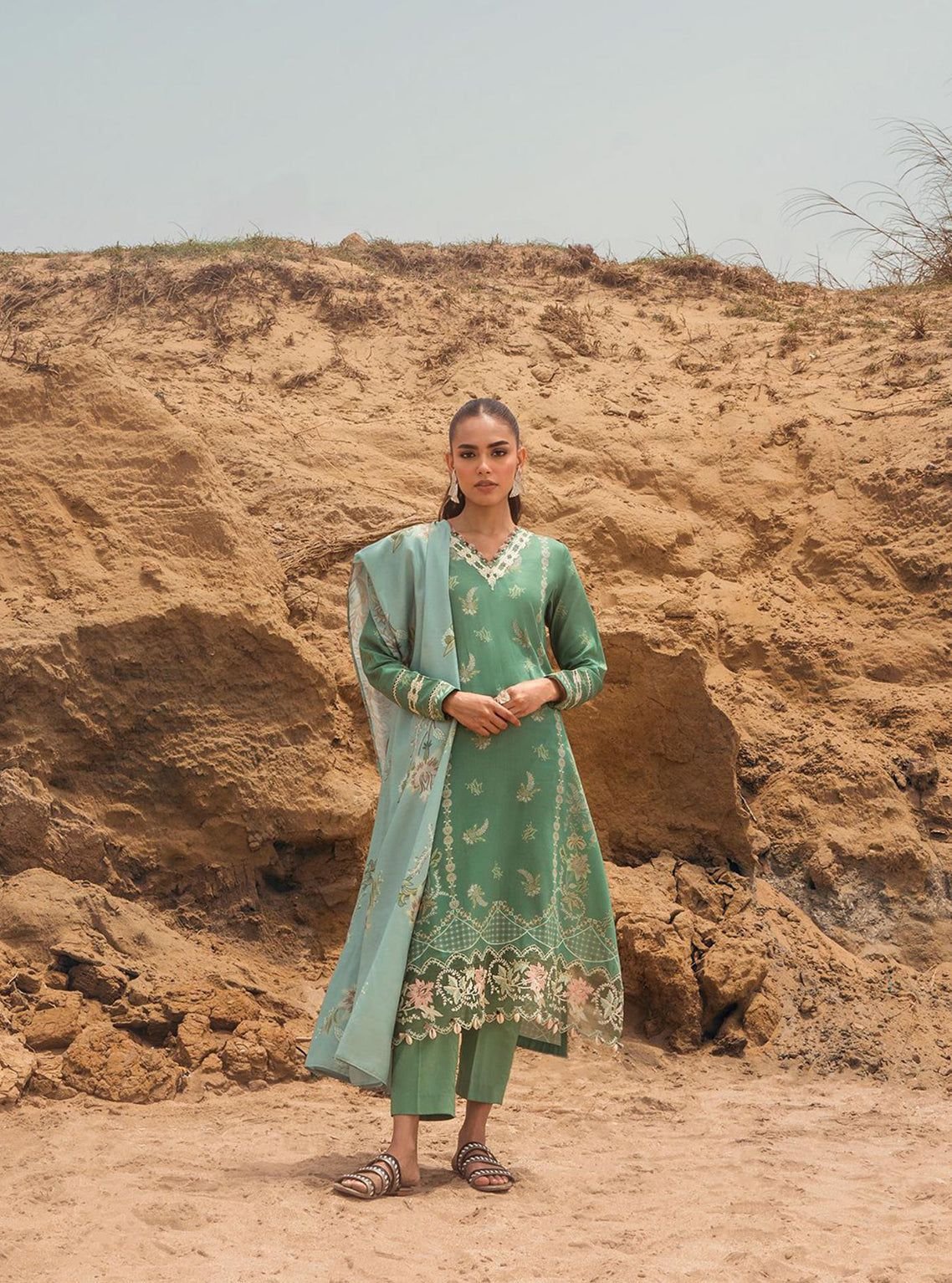 3PC Dhanak Embroidered Suit with Printed Wool Shawl